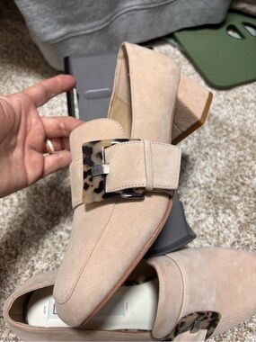 Deltan Suede Block Heel Loafers with Tortoiseshell Buckle -